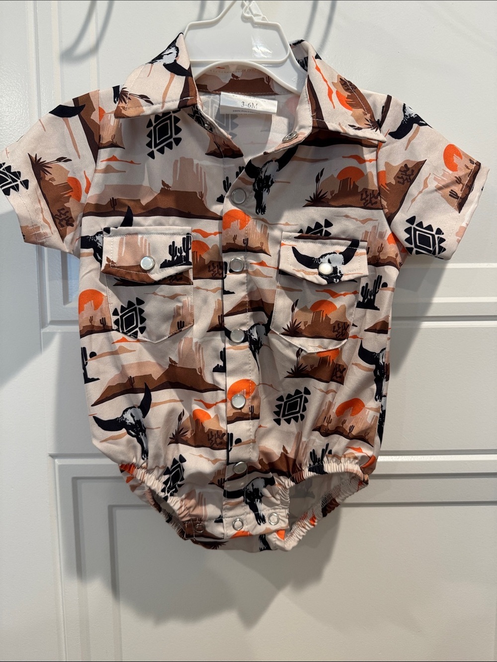 Shea baby Western Pearl snap-Front Romper Shirt - Beige & Orange